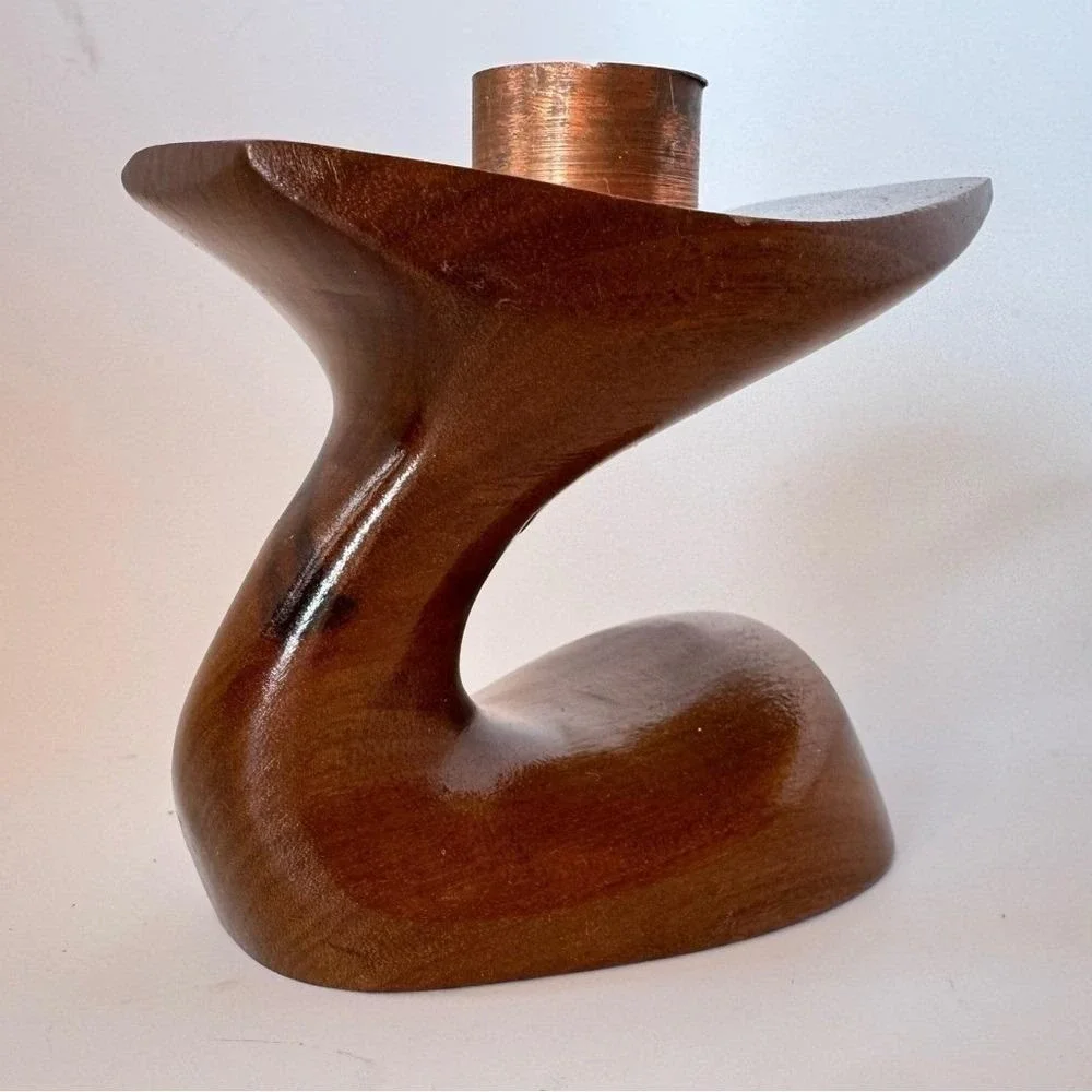 Candle Holder Wooden Sculpture Whale Biomorphic Copper Cylinder MCM Art Piece